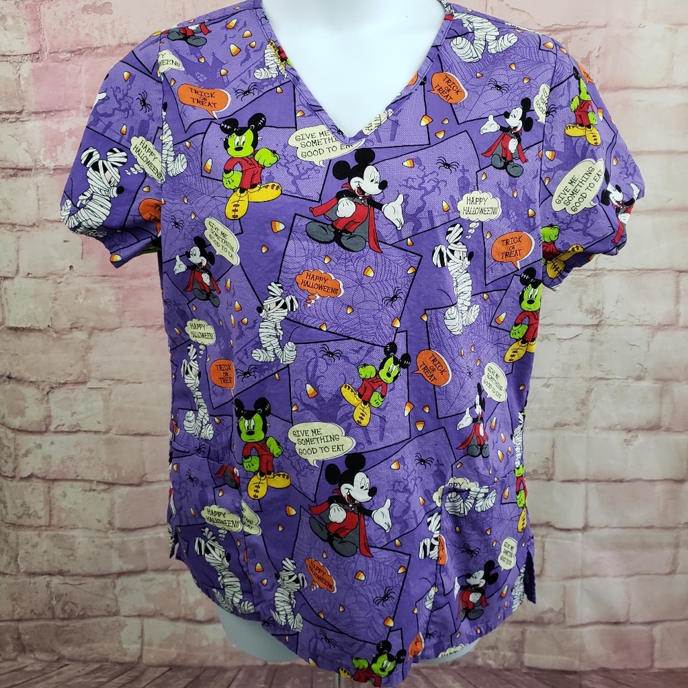 Womens Scrub Top sz L Halloween Mickey Mouse